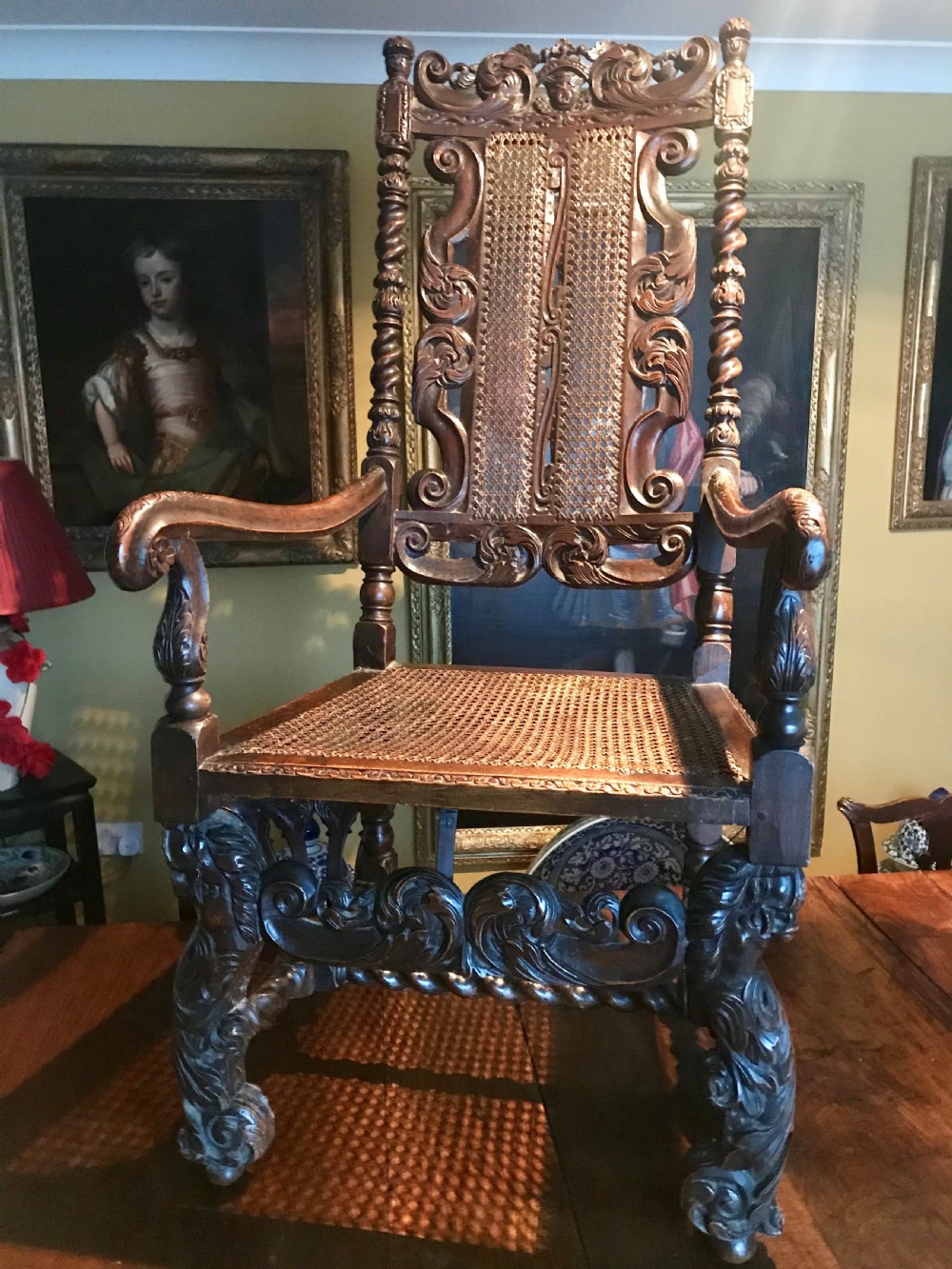 Pair of magnificent carved walnut armchairs, Dutch, 17th century.