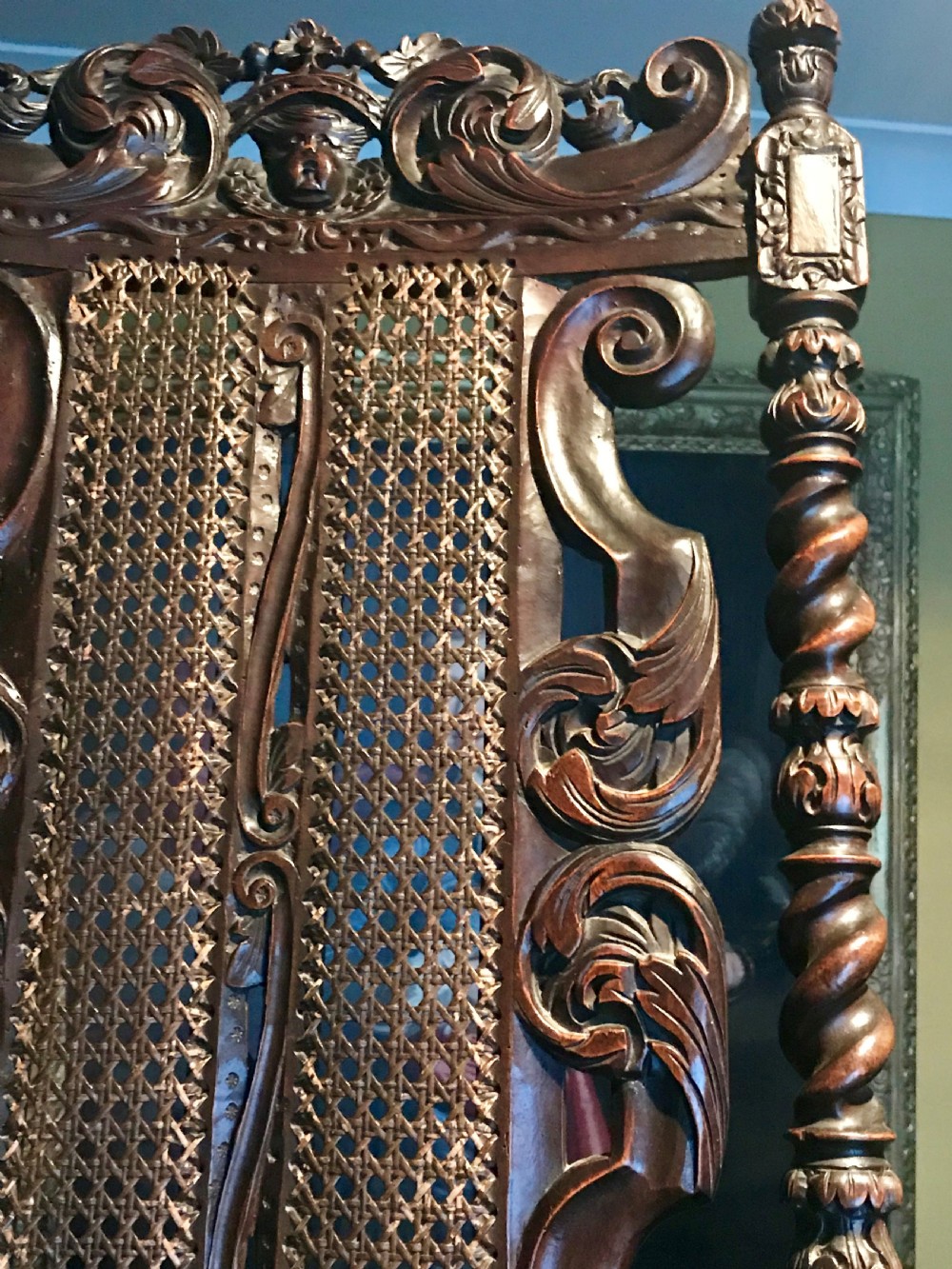 Pair of magnificent carved walnut armchairs, Dutch, 17th century. View IV
