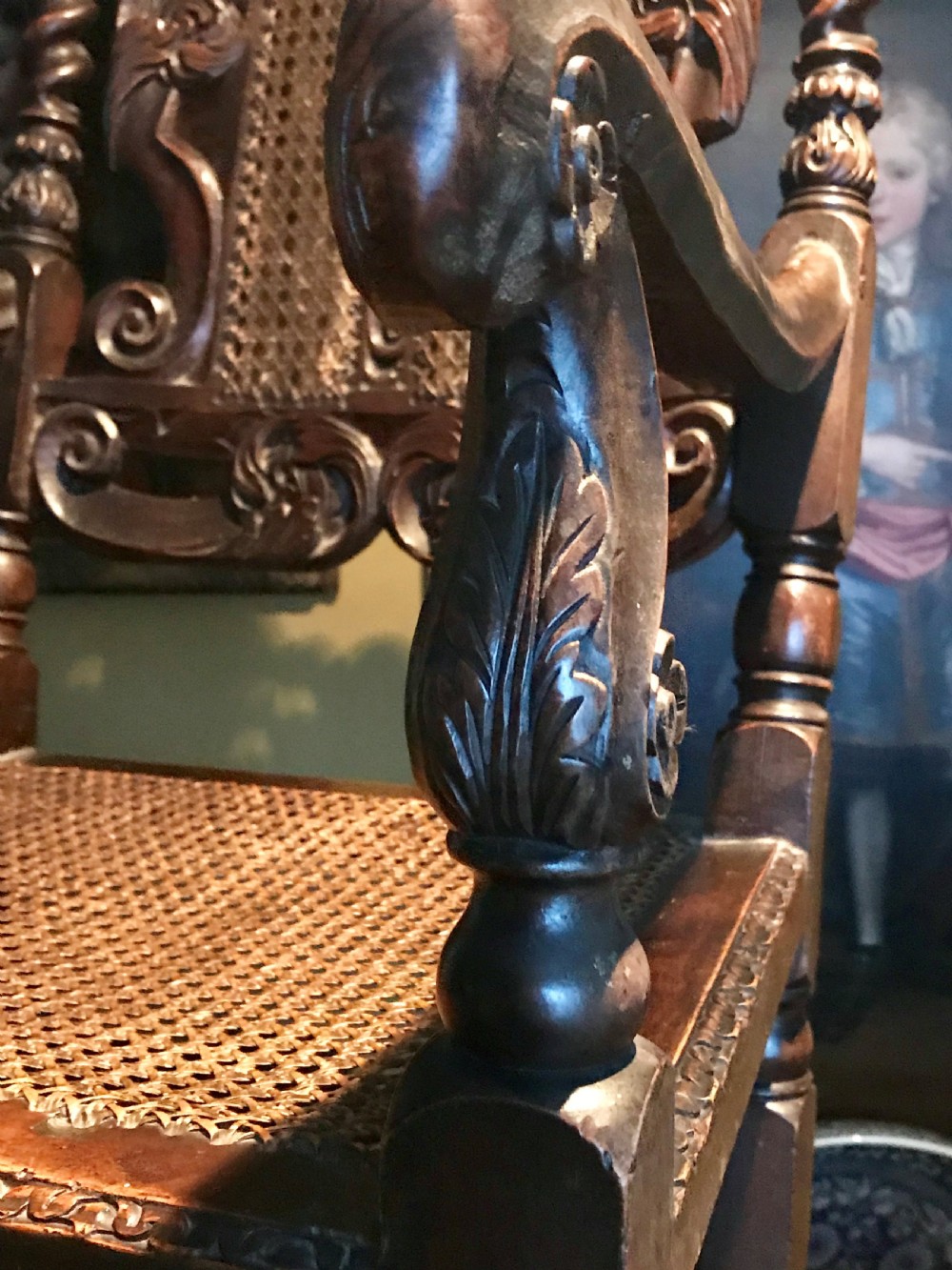 Pair of magnificent carved walnut armchairs, Dutch, 17th century. View VI