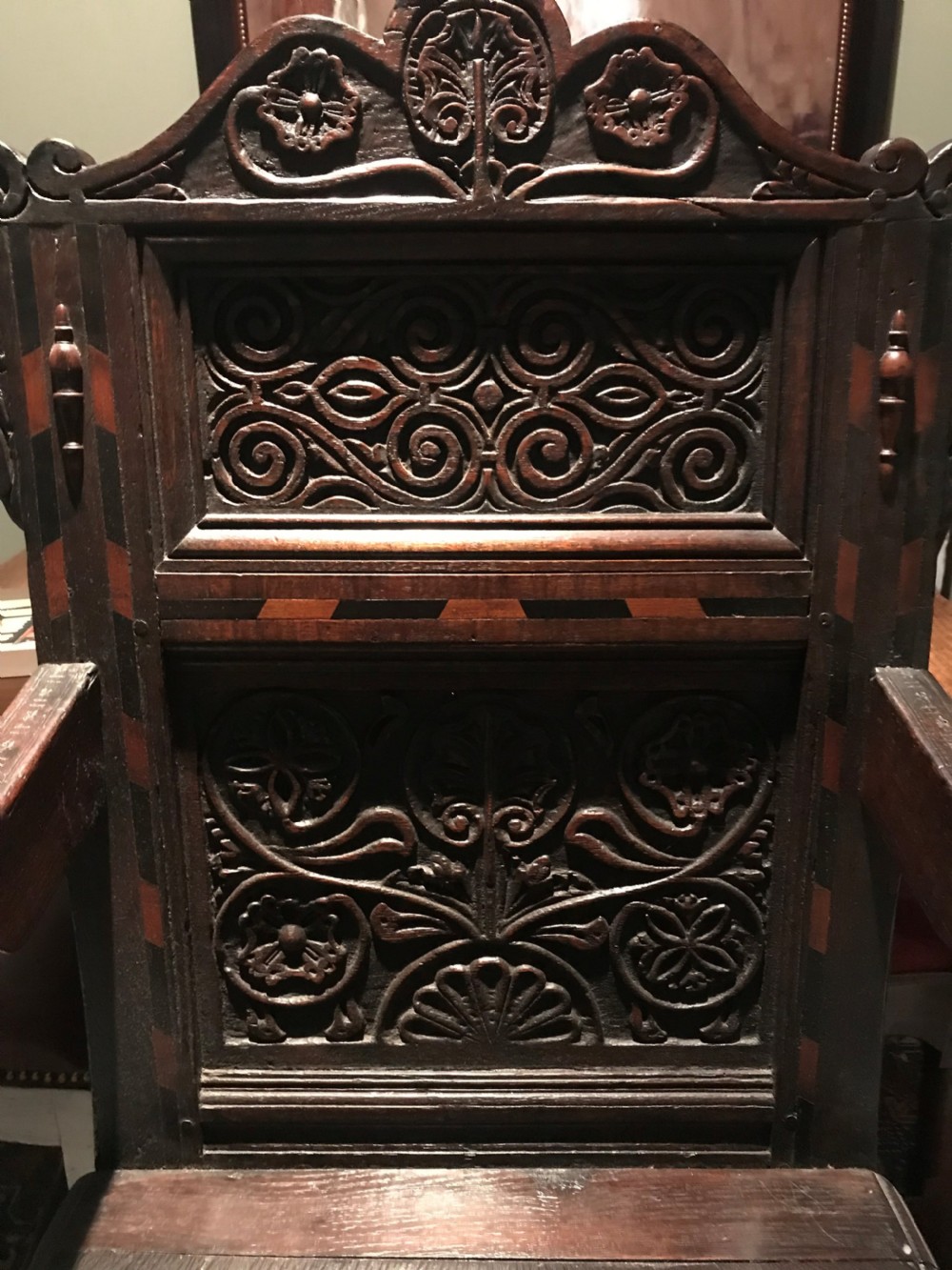 Inlaid and carved oak wainscot chair c.1650 and later. View II