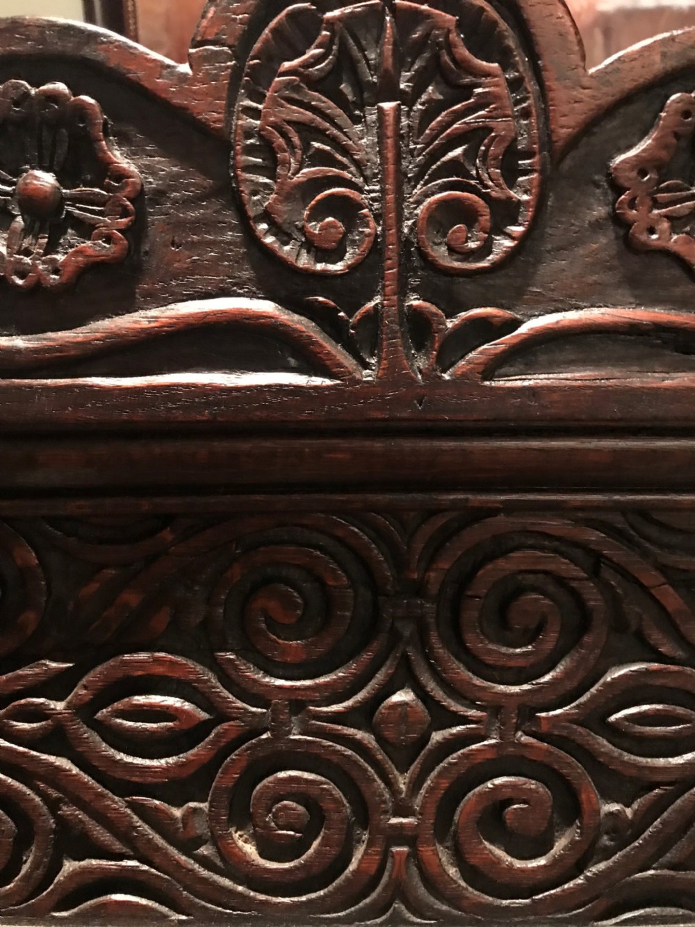 Inlaid and carved oak wainscot chair c.1650 and later. View III