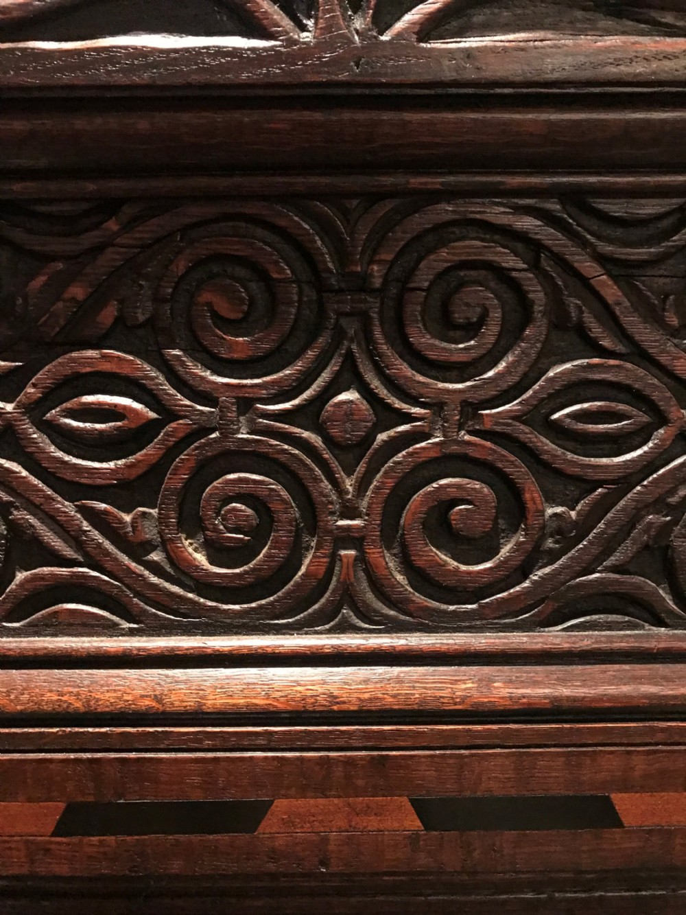 Inlaid and carved oak wainscot chair c.1650 and later. View IV