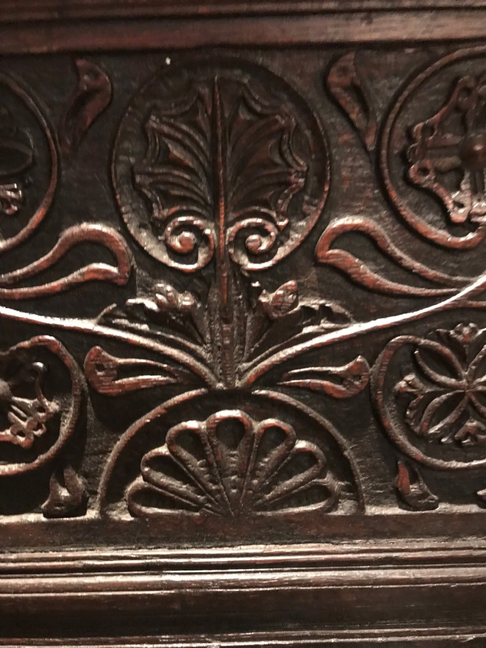 Inlaid and carved oak wainscot chair c.1650 and later. View V