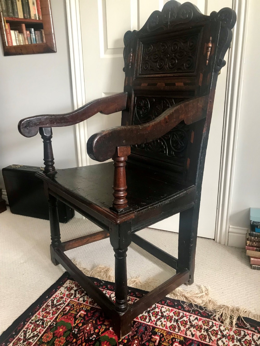 Inlaid and carved oak wainscot chair c.1650 and later. View VII