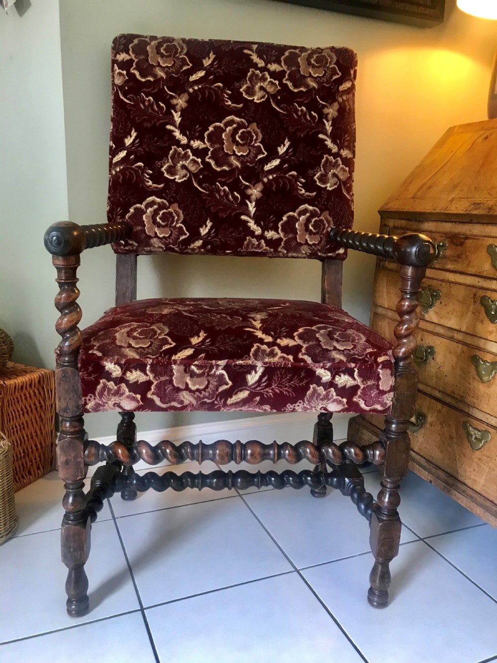 A 17th-century Carolean open armchair made from laburnum wood with spiral barley twist turnings and crimson patterned velvet upholstery. View II