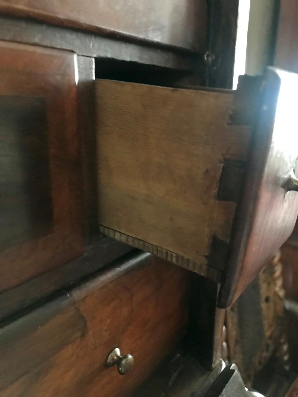 Miniature walnut secretaire on chest c.1820. View IV