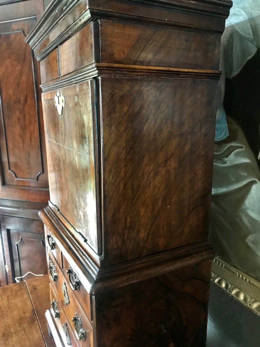 Miniature walnut secretaire on chest c.1820. View IX