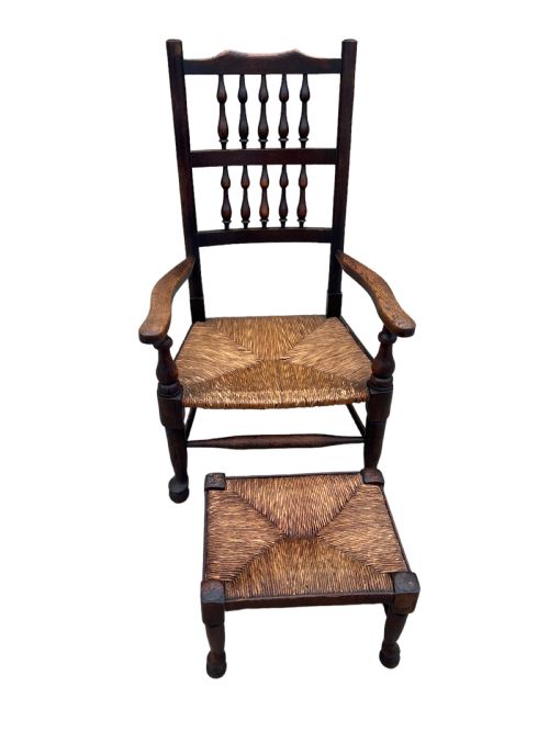 Antique Oak spindle back Lancashire Chair and stool 