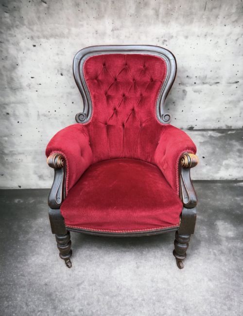 Victorian red velvet button Back Armchair