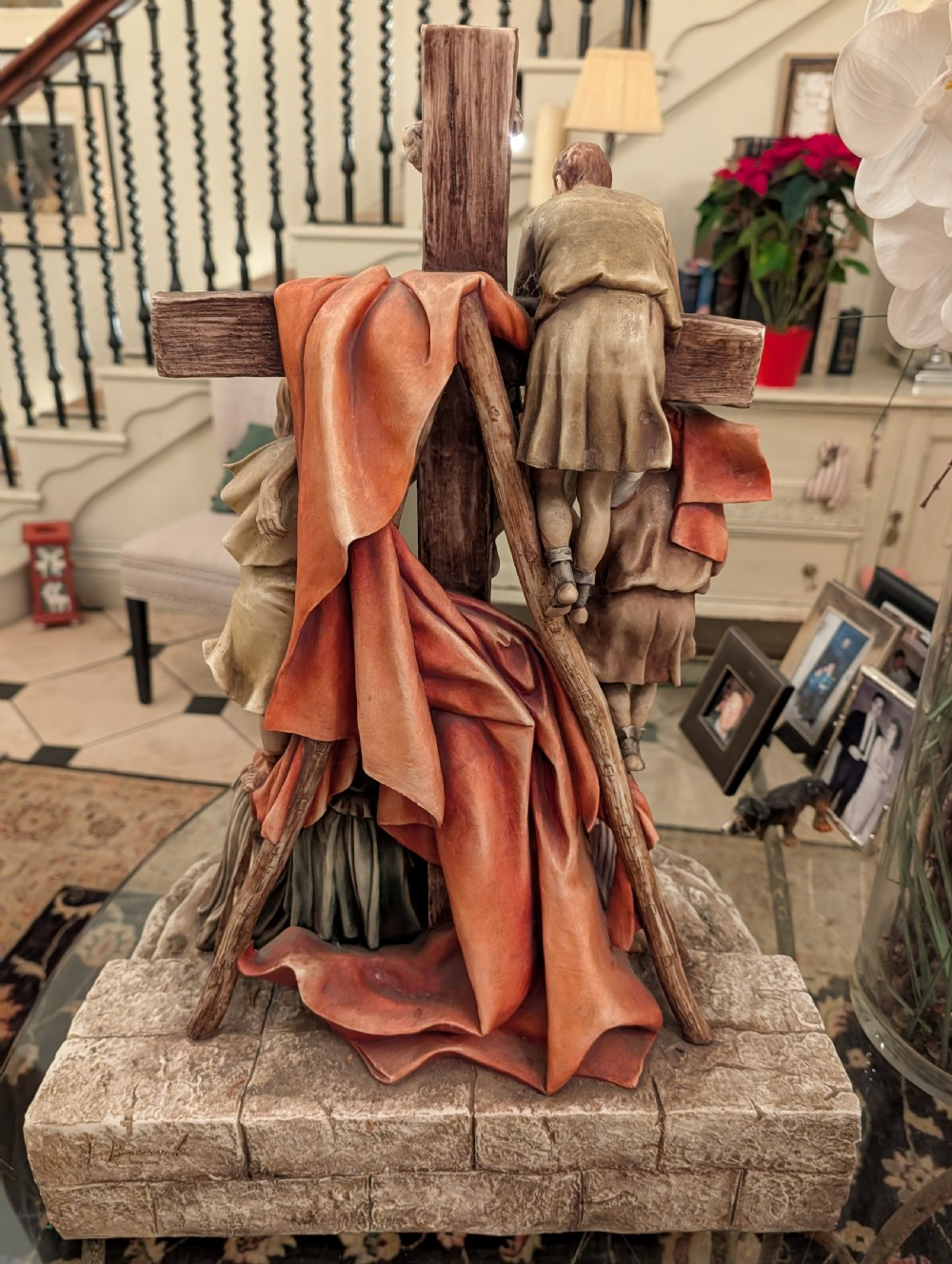 A detailed polychrome porcelain sculpture by Antonio Borsato depicting the Descent from the Cross with multiple hand-painted figures. View XIII