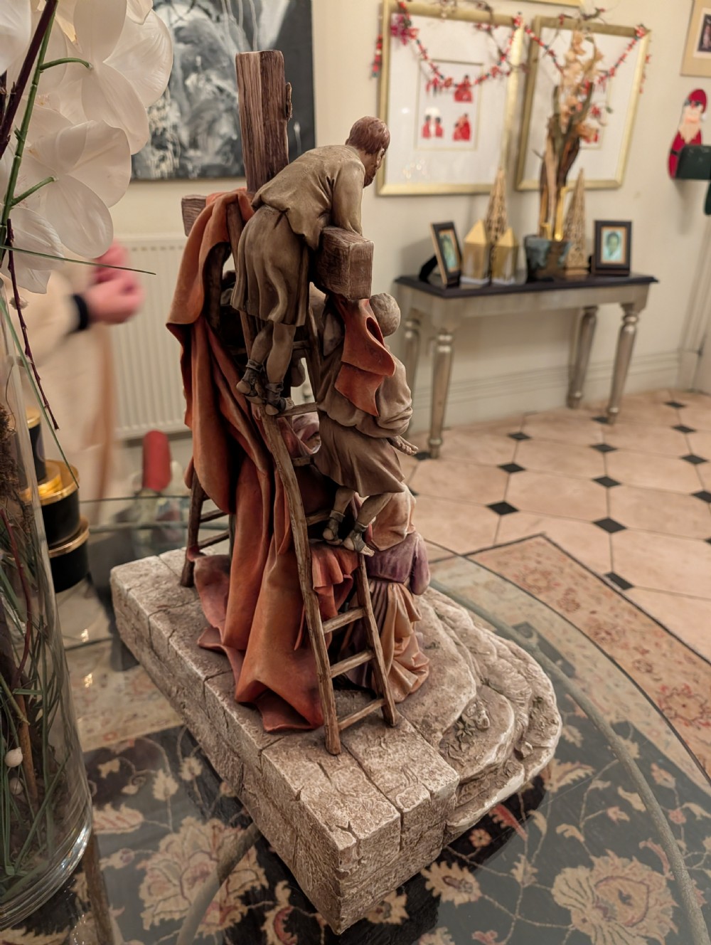 A detailed polychrome porcelain sculpture by Antonio Borsato depicting the Descent from the Cross with multiple hand-painted figures. View XIV