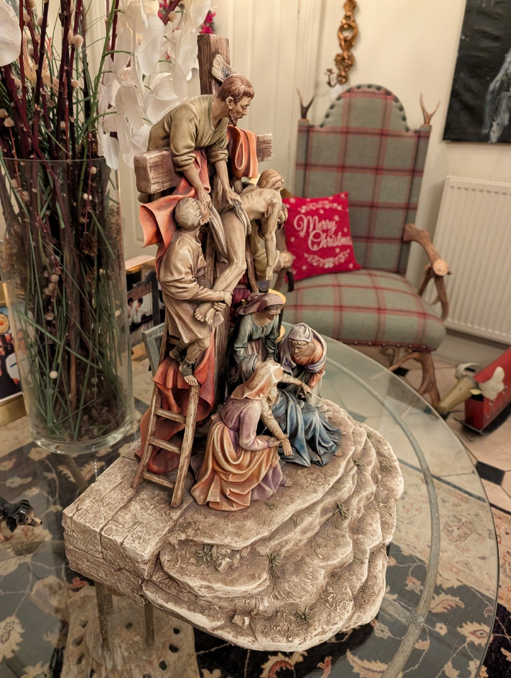 A detailed polychrome porcelain sculpture by Antonio Borsato depicting the Descent from the Cross with multiple hand-painted figures. View XV