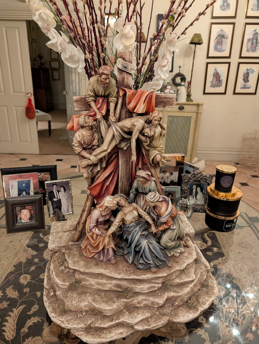 A detailed polychrome porcelain sculpture by Antonio Borsato depicting the Descent from the Cross with multiple hand-painted figures. View XVI