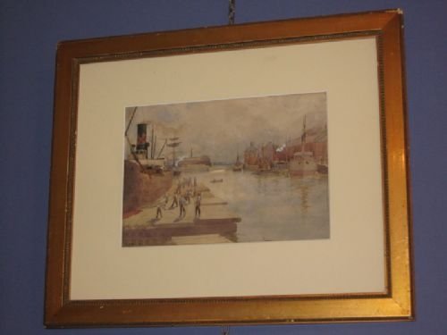 Watercolour of Boston Docks, by W B Thomas