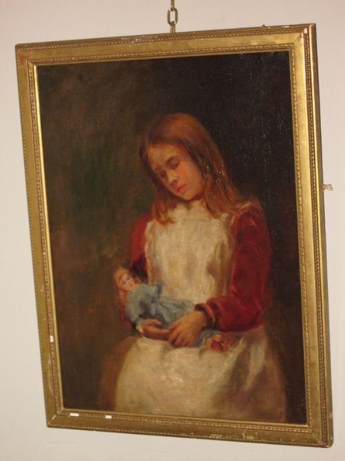 Oil of a Girl Cherishing Her Doll