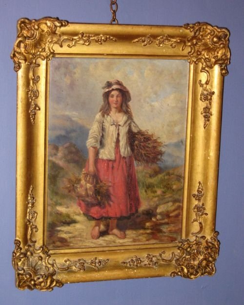 Beautiful Oil on Panel of a Girl Fetching Kindling