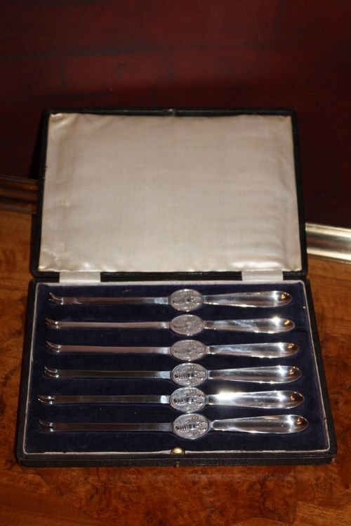 fig 1. Set of Six Art Deco Silver plate Lobster picks