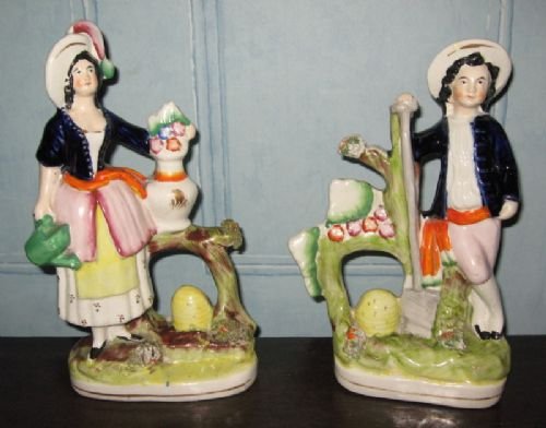 Rare Pair of Staffordshire Beekeeper Figures