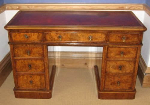 Superb Victorian Bur Walnut Pedestal Desk
