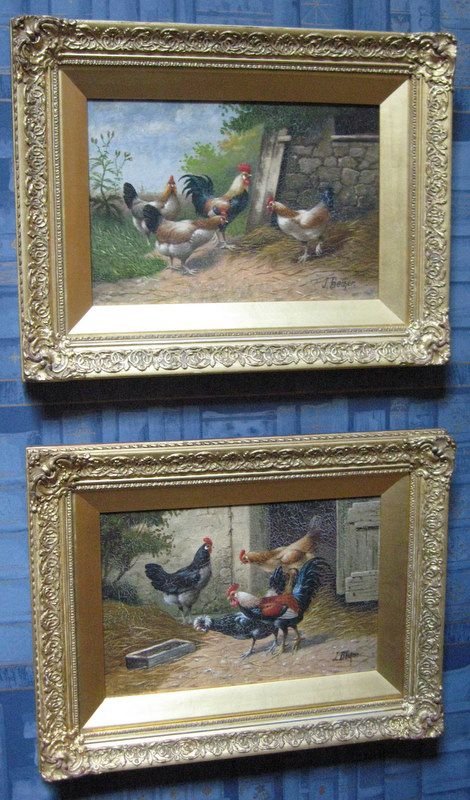 Pair of Victorian Oil Paintings of Chickens by Jan De Becker