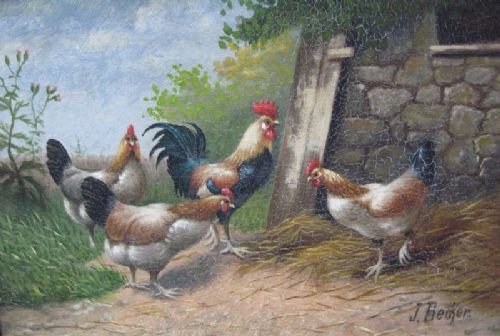 fig 3. Pair of Victorian Oil Paintings of Chickens by Jan de Becker