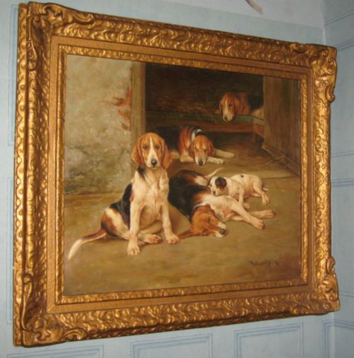 oil of foxhounds by wright barker - CATEGORY: ANTIQUE ART - DATED 1920