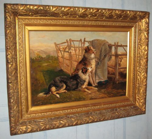 large oil painting of sheepdogs with sheep - CATEGORY: ANTIQUE ART - DATED 1910