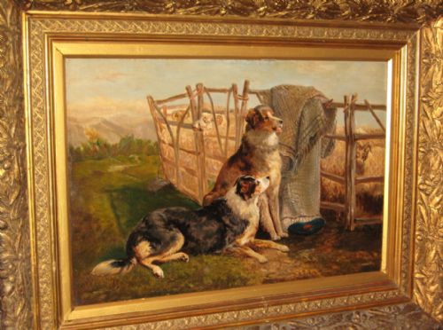 LARGE OIL PAINTING OF SHEEPDOGS WITH SHEEP - ADDITIONAL PHOTO 1
