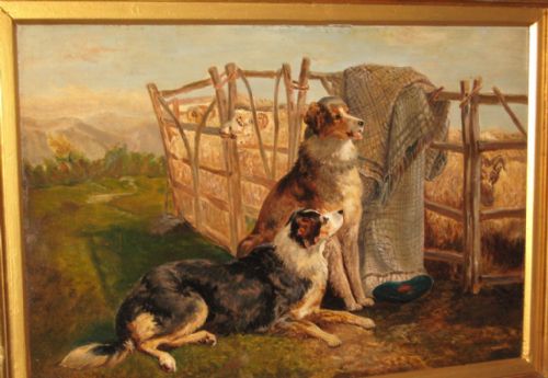 LARGE OIL PAINTING OF SHEEPDOGS WITH SHEEP - ADDITIONAL PHOTO 2