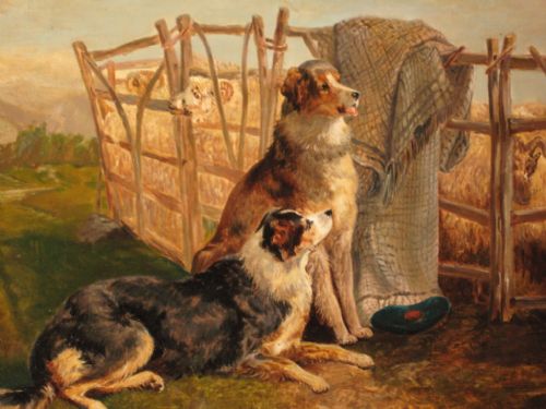 LARGE OIL PAINTING OF SHEEPDOGS WITH SHEEP - ADDITIONAL PHOTO 3
