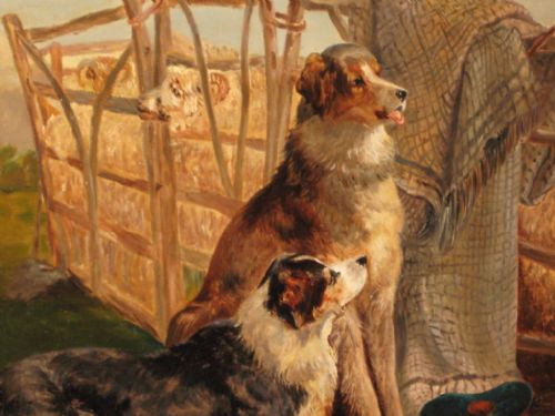 LARGE OIL PAINTING OF SHEEPDOGS WITH SHEEP - ADDITIONAL PHOTO 4