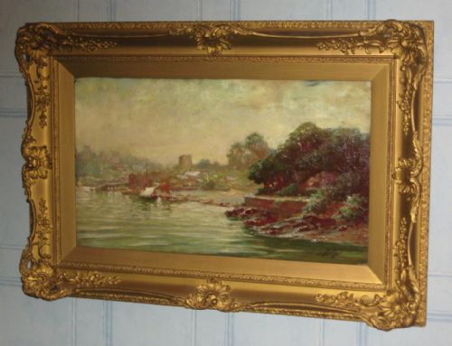 coastal harbour scene oil by frederick davenport bates - CATEGORY: ANTIQUE ART - DATED 1890