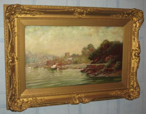 COASTAL HARBOUR SCENE OIL BY FREDERICK DAVENPORT BATES - ADDITIONAL PHOTO 1