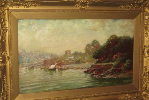 COASTAL HARBOUR SCENE OIL BY FREDERICK DAVENPORT BATES - ADDITIONAL PHOTO 2