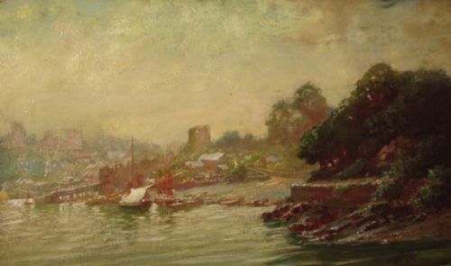 COASTAL HARBOUR SCENE OIL BY FREDERICK DAVENPORT BATES - ADDITIONAL PHOTO 3