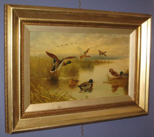 oil of mallard ducks at dusk - CATEGORY: ANTIQUE ART - DATED 1930