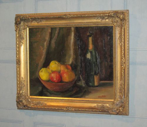 oil still life of fruit with bottle - CATEGORY: ANTIQUE ART - DATED 1940
