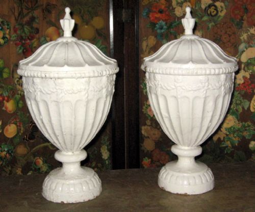 pair of cast iron lidded urns - CATEGORY: ANTIQUE MISCELLANEOUS - DATED 1910
