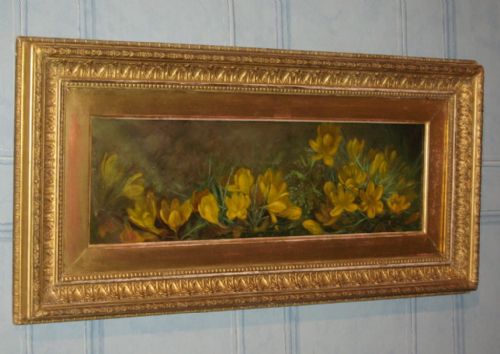 victorian oil of crocuses - CATEGORY: ANTIQUE ART - DATED 1880
