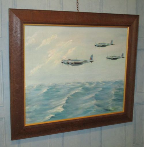 world war two period oil of raf mosquito planes - CATEGORY: ANTIQUE ART - DATED 1940