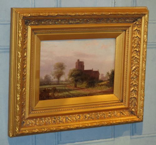 victorian oil of church with figures - CATEGORY: ANTIQUE ART - DATED 1870