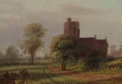 VICTORIAN OIL OF CHURCH WITH FIGURES - ADDITIONAL PHOTO 3