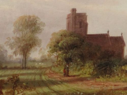 VICTORIAN OIL OF CHURCH WITH FIGURES - ADDITIONAL PHOTO 4