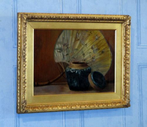 still life oil of ginger jar and fan - CATEGORY: ANTIQUE ART - DATED 1880