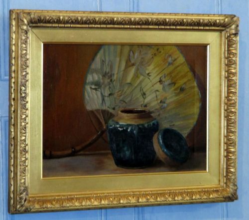 STILL LIFE OIL OF GINGER JAR AND FAN - ADDITIONAL PHOTO 1