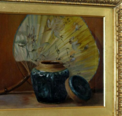 STILL LIFE OIL OF GINGER JAR AND FAN - ADDITIONAL PHOTO 2