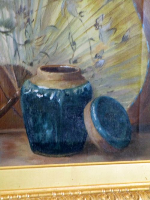 STILL LIFE OIL OF GINGER JAR AND FAN - ADDITIONAL PHOTO 5