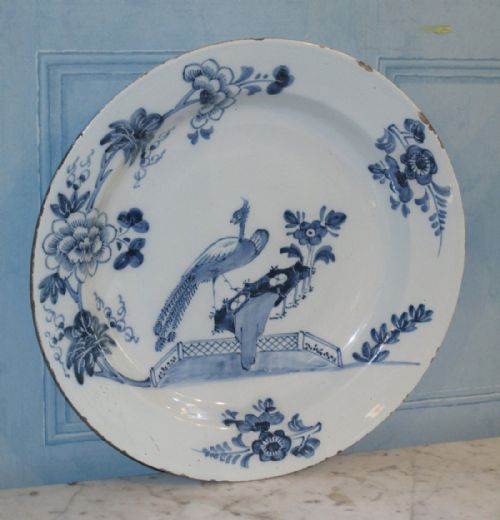 superb english delft charger with peacock - CATEGORY: ANTIQUE PLATES - DATED 1750