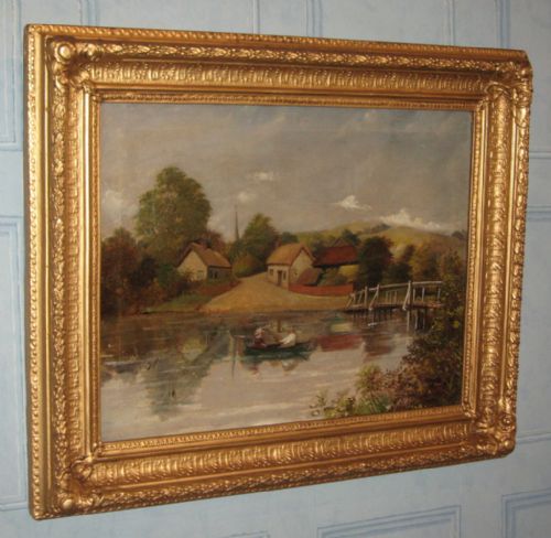 charming naive victorian boating scene oil painting - CATEGORY: ANTIQUE ART - DATED 1870