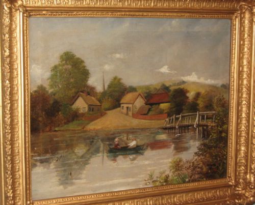 CHARMING NAIVE VICTORIAN BOATING SCENE OIL PAINTING - ADDITIONAL PHOTO 1